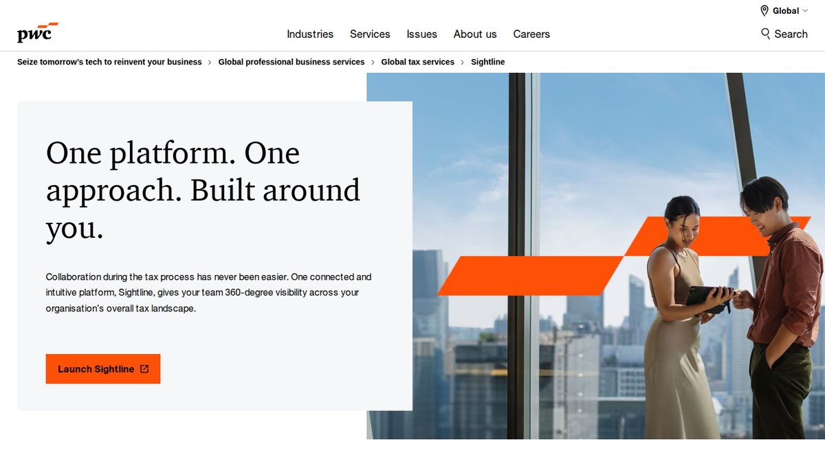 Screenshot of the PwC Sightline marketing page showing PwC site chrome and the headline “One platform. One approach. Built around you.”